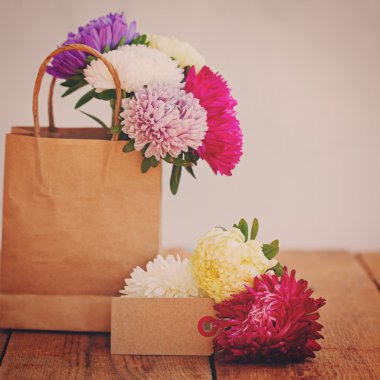 Metin için boş tebrik kartı birlikte kağıt torbaya renkli Aster buket. Tonlu görüntü