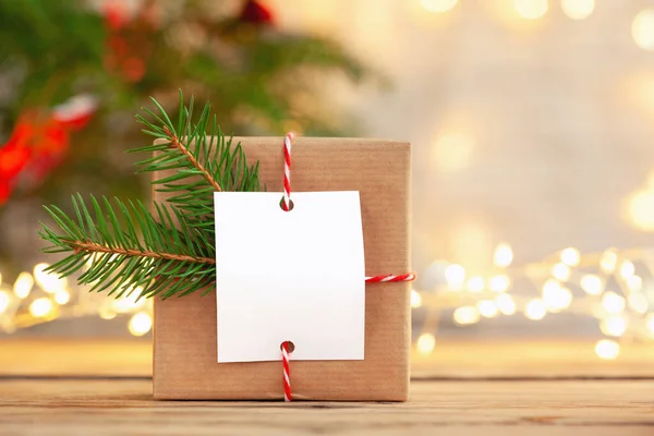 Christmas Handmade Gift Box Blank Gift Card Wooden Table Background — Stock Photo, Image