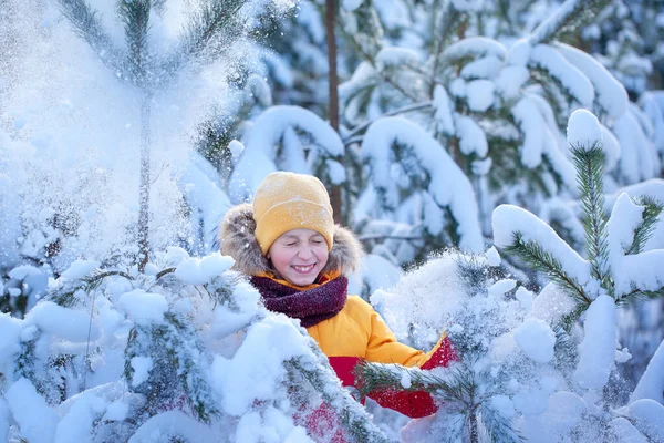 Menino Sorridente Feliz Winterwear Andando Floresta Inverno Nevado Criança Brincar — Fotografia de Stock