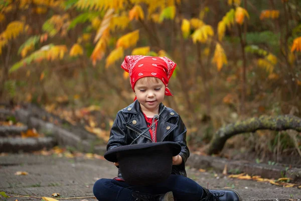 Siyah Ceketli Şirin Kız Çocuğu Şapkasında Sonbahar Yaprakları Topluyor Yaşındaki — Stok fotoğraf