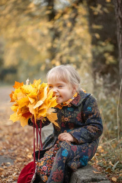Портрет Улыбающейся Счастливой Девочки Держащей Руке Букет Осенних Желтых Кленовых — стоковое фото
