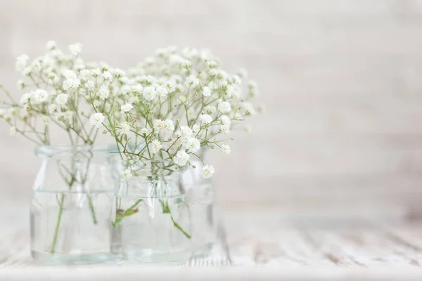 明るい背景のガラスの花瓶に赤ちゃんの息の花のジプシーの白い繊細な 家庭内の花の組成 ソフトフォーカス — ストック写真