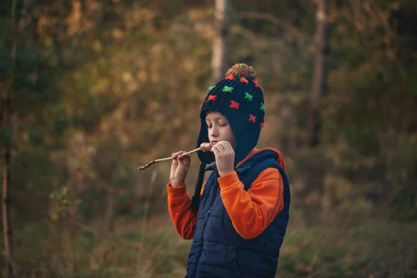 Fiú Karón Sült Kolbászt Eszik Nyári Erdőben — Stock Fotó