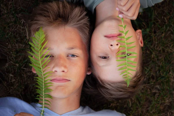 Close Portrait Two Kids Looking Camera Asummer Evening Lying Green — Stock Photo, Image