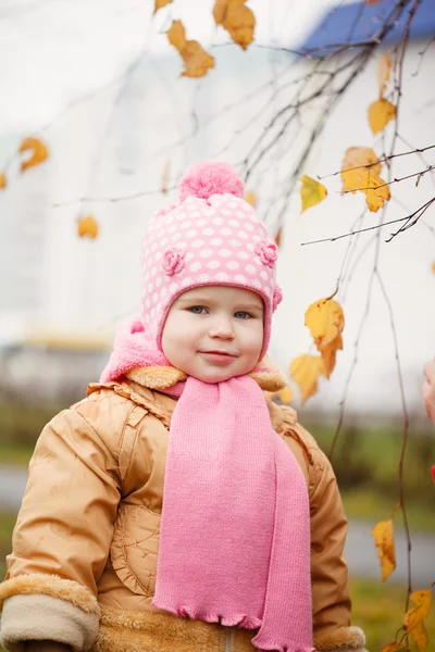 Cute smiling little 2 years old girl in the autumn park — Stock Photo, Image