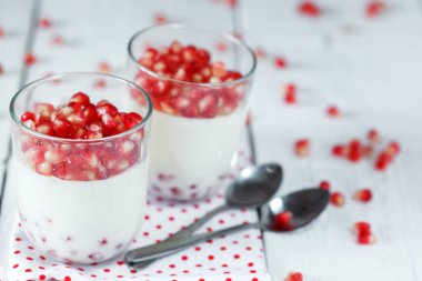 Lezzetli tatlı pannacotta bir g taze nar taneleri ile