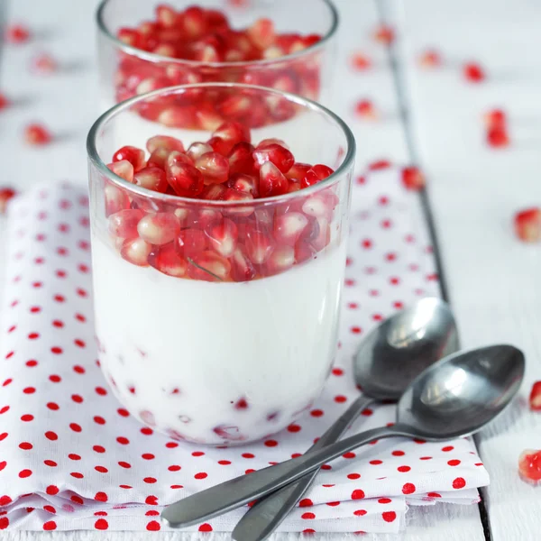 Delicious dessert  pannacotta with fresh pomegranate seeds in a — Stock Photo, Image
