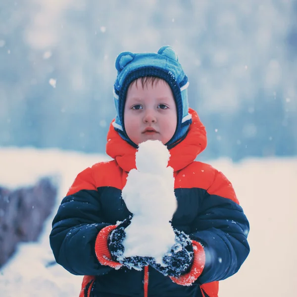 Half-length portrait of boy who stands in winter park holding sm — Stock Photo, Image