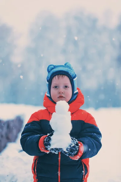 Meia-comprimento retrato de menino que fica no parque de inverno segurando sm — Fotografia de Stock