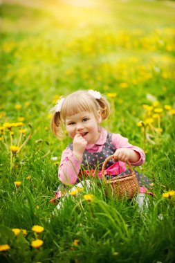 Sepet ve gülümseyen çim oturan güzel sarışın kız