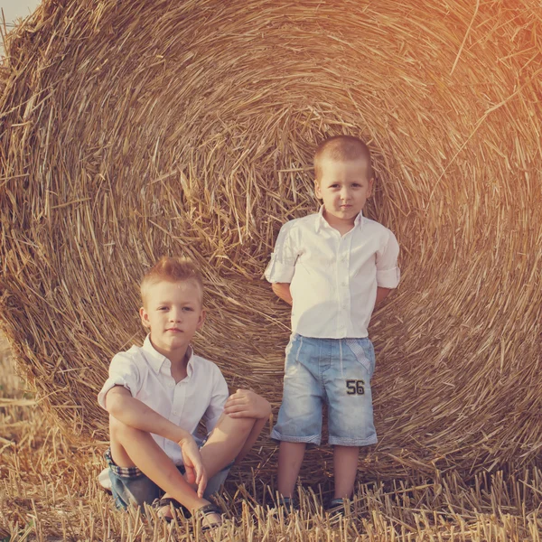 Two little brothers sitting near a haystack in wheat field on wa — Stock Photo, Image