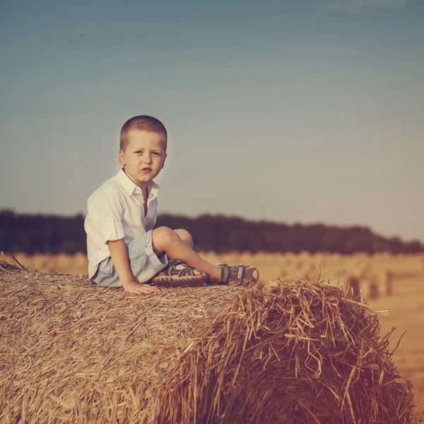 Ein lustiger kleiner Junge sitzt auf einem Heuhaufen. Aktiv im Freien — Stockfoto