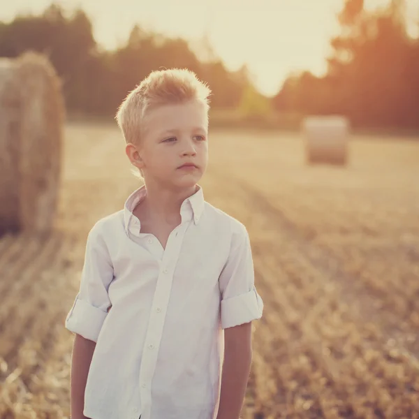 Portrait of a child  in the sunny day in a field — Stock Photo, Image