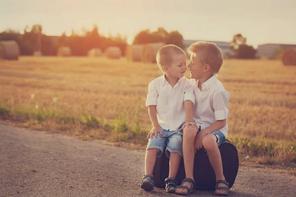 Dos hermanos se sientan en una maleta en el camino en el verano a los soles —  Fotos de Stock