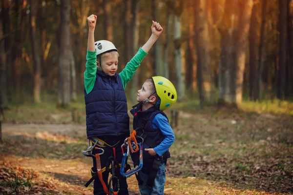 Two happy brave adorable  brothers, double portrait, looking at — Stock Photo, Image