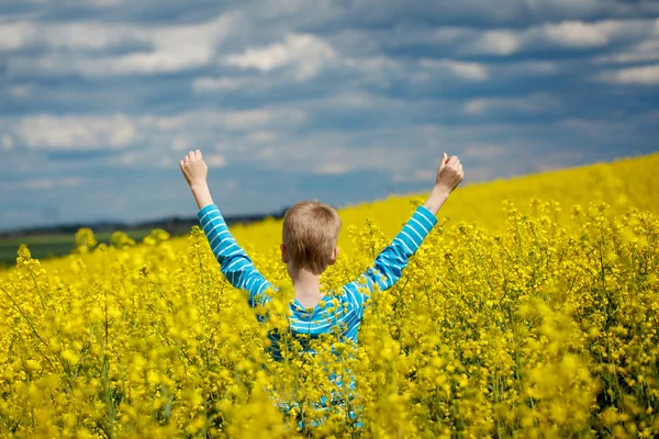 Vista rápida. Menino sorridente feliz pulando de alegria em um campo amarelo — Fotografia de Stock