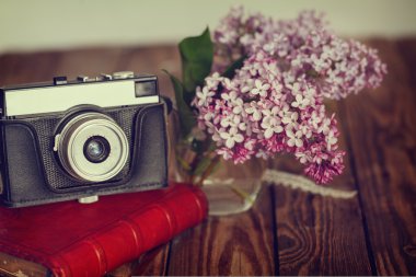 Vintage fotoğraf makinesi ve Lila bahar buket ahşap bac üzerinde