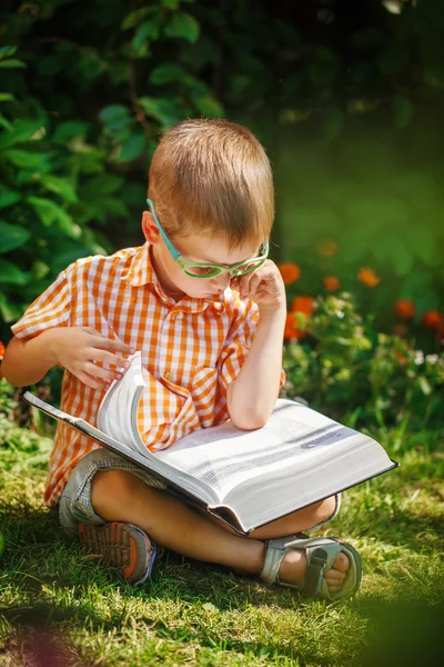 Cute kid boy with glasses, reading a book in garden, sitting on grass. — Stock Photo, Image