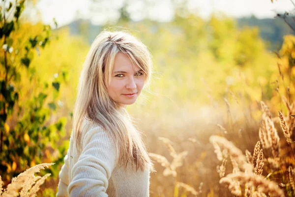 Yüksek otların arasında bir sonbahar Parkı güneşli sonbahar günü güzelliği zevk portre genç kız — Stok fotoğraf