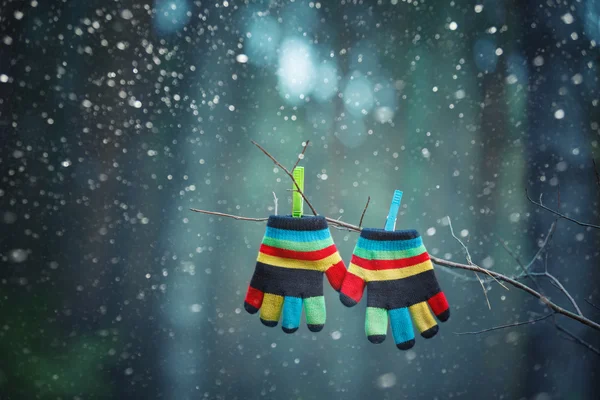 Malé dětské rukavice visí na vlásku v zimě venku Stock Snímky