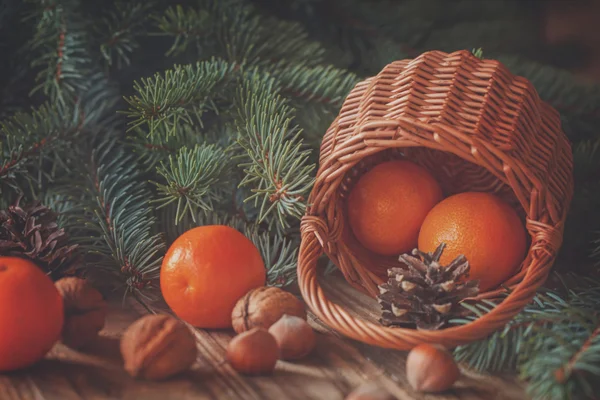 Cesta de vime de composição de Natal com tangerinas, cones, porca — Fotografia de Stock