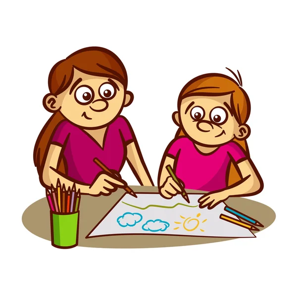 Madre con niña dibujar y pintar — Archivo Imágenes Vectoriales