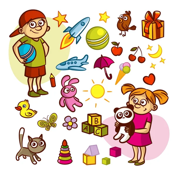 Stock vector collection of cute children kids animals toys objects — Stock Vector