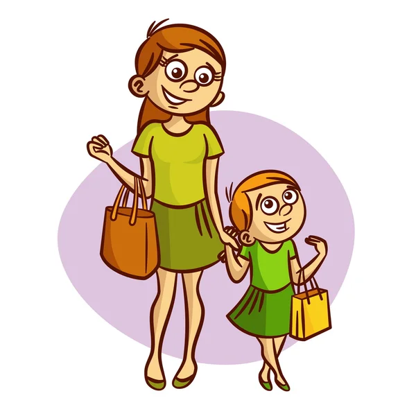 Mutter mit kleinem Mädchen zu Fuß — Stockvektor