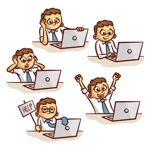 Man Working On Computer Emotions Set — Stock Vector