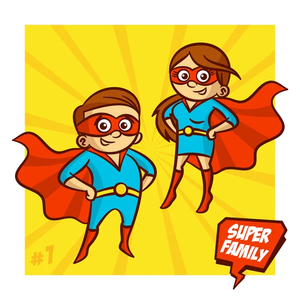 Keluarga Super. Ibu dan Ayah Superheroes. Vector Illustartion - Stok Vektor