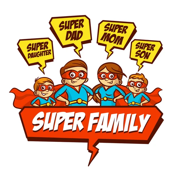 Super familie. Vader moeder dochter zoon superhelden. Instellen — Stockvector