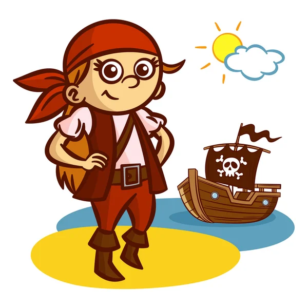 Engraçado pirata menina navio — Vetor de Stock