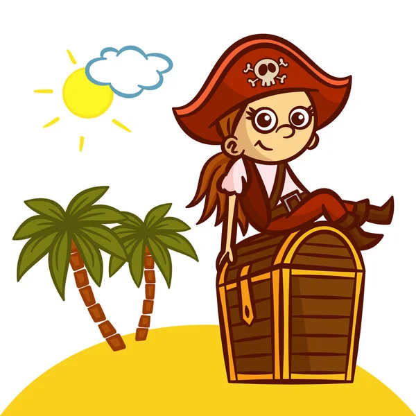 Funny Pirate Girl Treasure Chest — Stock Vector