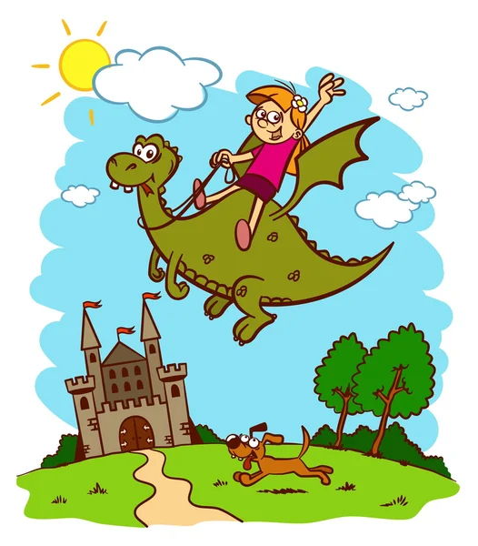 La princesita vuela sobre un dragón. Cuento de hadas — Vector de stock