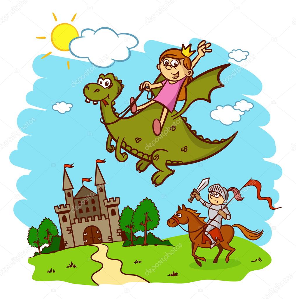 Princess, knight, horse, rider, dragon, castle, fairy tale — Stock Vector © ichbinsam 99023372