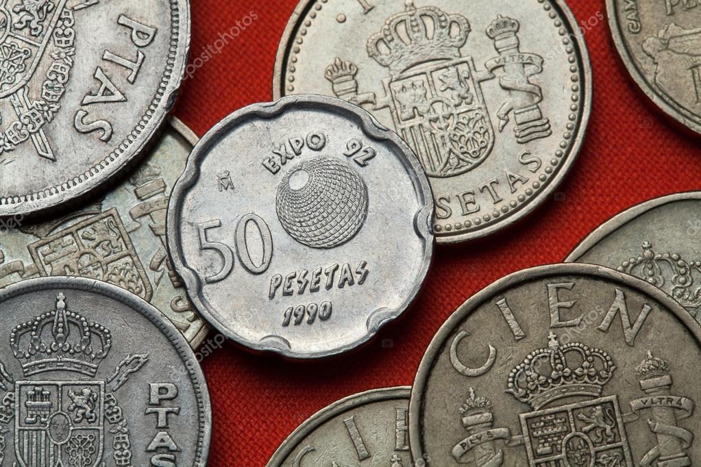 Coins of Spain. Logo for the Seville Expo 92 (Universal Exposition) depicted in the Spanish 50 peseta coin (1990).