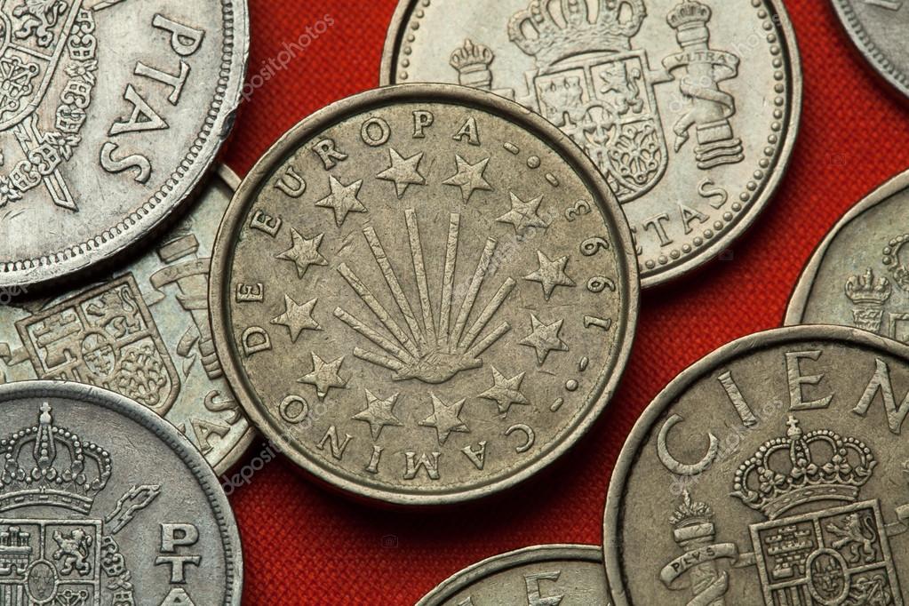 Vintage Coins of Spain, Scallop shell symbol for the pilgrimage routes Camino de Santiago depicted in the Spanish 100 peseta coin (1993).