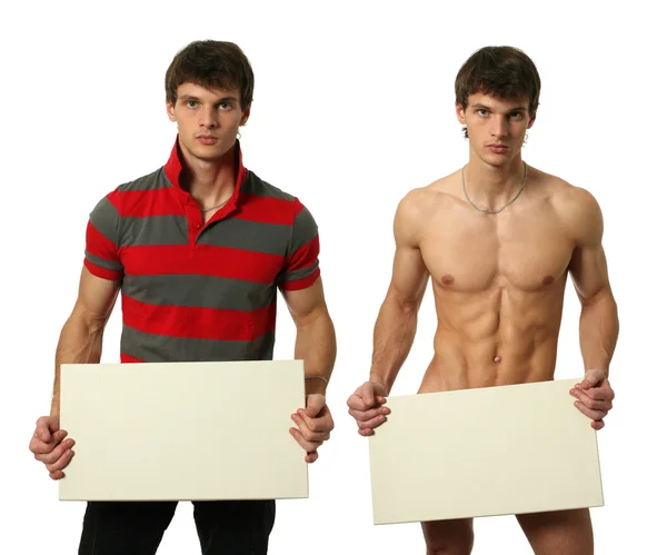 Two young men with copy space blank signs — Stock Photo, Image