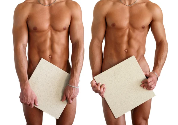 Three nude muscular men covering with copy space blank signs — Stock Photo, Image