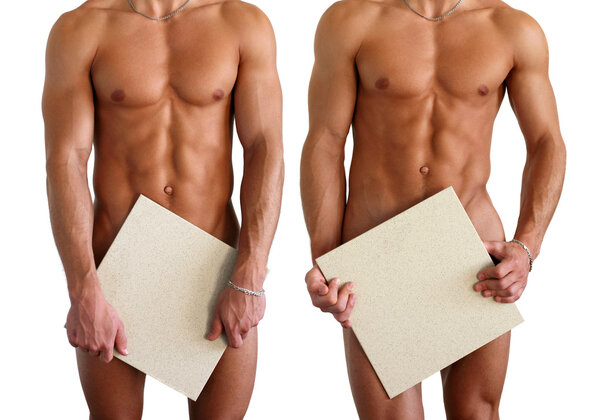 Three nude muscular men covering with copy space blank signs