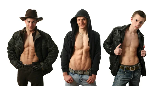 Geri alınan ceketler üç genç adam — Stok fotoğraf