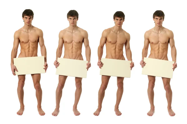 Three nude muscular men covering with copy space blank signs — Stock Photo, Image