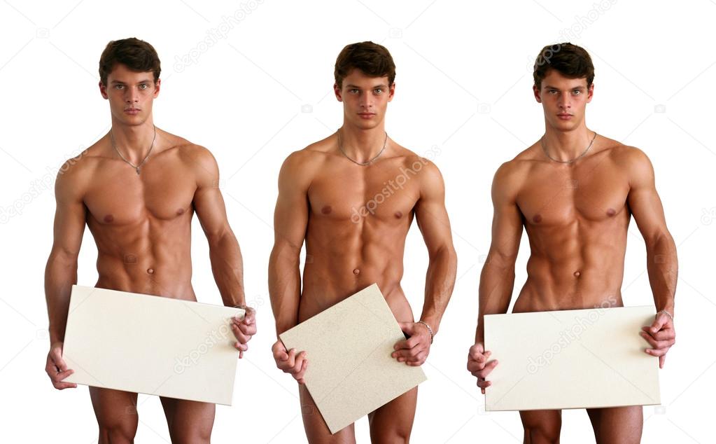 Three nude muscular men covering with copy space blank signs