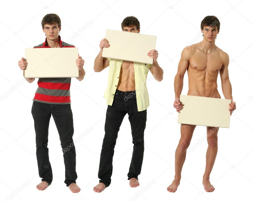 Three young sexy men with copy space blank signs