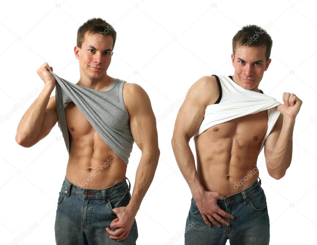 Young muscular men showing abs