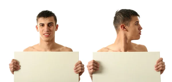 Full Face and Half Face Man Holding Copy Space Blank Billboard — Stock Photo, Image