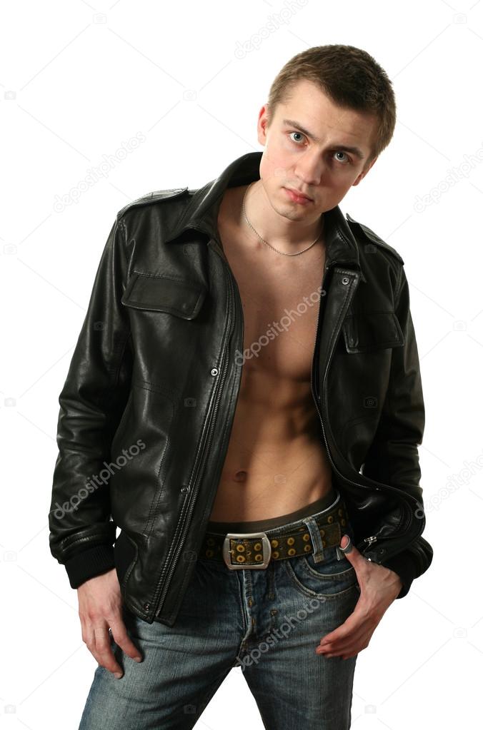 Sexy Man in Black Leather Jacket
