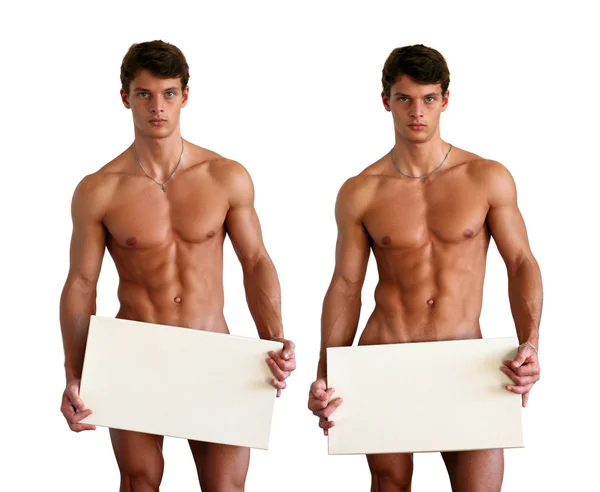 Naked Muscular Man Covering with Board — Stock Photo, Image