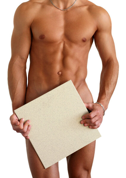 Naked Muscular Man Covering with Board