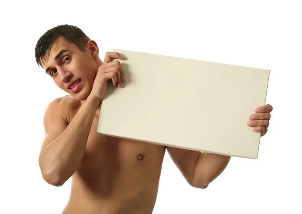 Young Sexy Man with Blank Banner — Stock Photo, Image